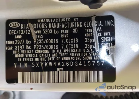 2013 Kia Sorento Sx из США, поврежденный, VIN 5XYKW4A26DG415757